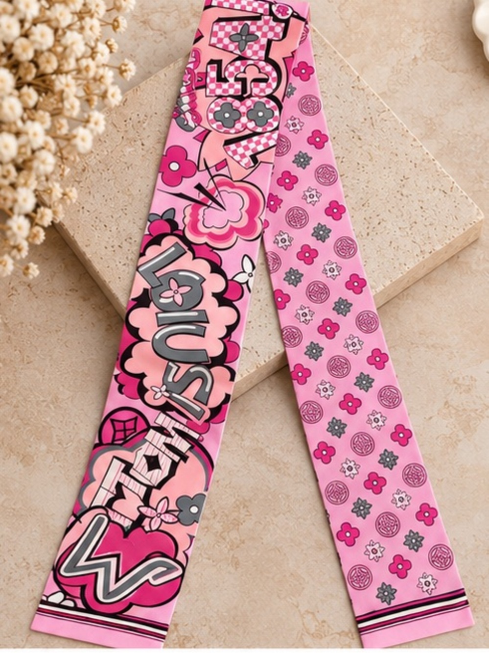 Large Pink Graffiti Floral Twilly Scarf Designer Inspired